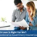 which loan is right for me? conventional vs government insured loans. with a photo of a couple looking at loan documents